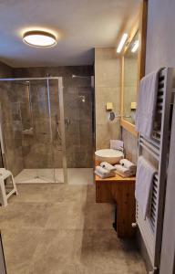 W łazience znajduje się prysznic, umywalka i toaleta. w obiekcie La Roccia Wellness Hotel w Calavese