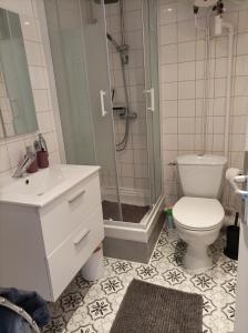 een badkamer met een douche, een toilet en een wastafel bij Le Samwest in Arromanches-les-Bains