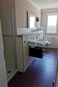 y baño con lavabo y ducha. en Schwanensee Appartements, en Sommerach