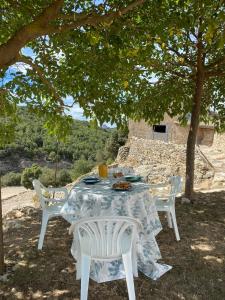 een tafel met witte stoelen onder een boom bij Masía La Perera in Morella