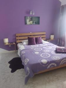 a bedroom with a bed with a purple wall at Maderalzinho in Mindelo