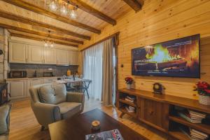 a living room with a flat screen tv on a wooden wall at Eco Village & Chalets Green Heaven in Mojkovac