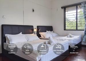 two beds in a room with labels on them at Jalan Kuhara 300 mbps Detach Bungalow Family Fun BBQ Homestay in Tawau