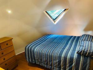 a small bedroom with a bed and a skylight at Domos Hijos del Bosque in Coñaripe