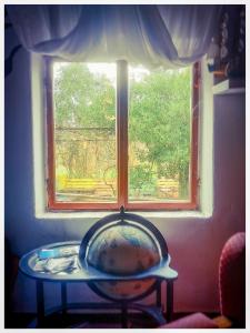 una ventana con un globo delante de una mesa delante en Namaste Hostel & Camping en Bar