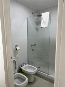 uma casa de banho com um chuveiro, um WC e um lavatório. em Apart hotel Magda em Venado Tuerto