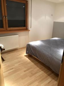 een slaapkamer met een bed en een houten vloer bij Appartamento nuovo e comfort a Brunico Kronplatz in Brunico