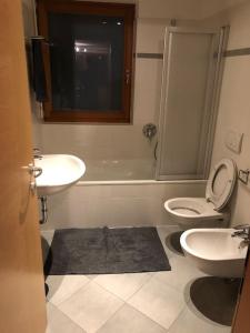 een badkamer met een wastafel, een toilet en een douche bij Appartamento nuovo e comfort a Brunico Kronplatz in Brunico