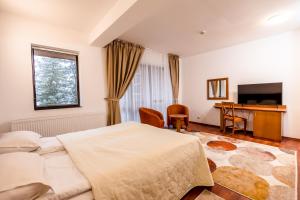 a bedroom with a bed and a desk and a television at Hotel Cindrel in Păltiniş