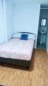 a bedroom with a bed with a blue pillow on it at Viva Chile Hostal - Puerto Varas in Puerto Varas