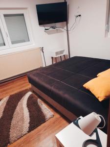 a bedroom with a large black bed and a television at Apartmani Mir A1 in Vrnjačka Banja