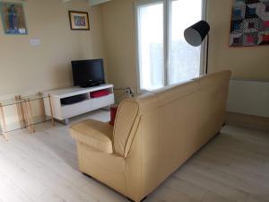 ein Wohnzimmer mit einem Sofa und einem TV in der Unterkunft Ty Bian, à la campagne et proche de la plage in Le Conquet