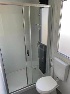 a bathroom with a toilet and a glass shower at Mobilna kućica VIA CISSA in Šimuni
