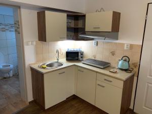 a small kitchen with a sink and a microwave at U lesního muže in Střelice