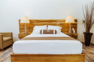 a bedroom with a large bed with two lamps at Casa Emiliana in Valle de Guadalupe