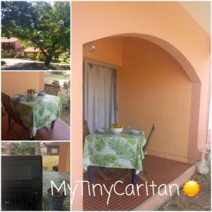 a collage of two pictures of a table with a laptop at My Tiny Caritan- Petit coin de paradis- Bungalow de vacances- jardin, plage, piscine attenante in Sainte-Anne