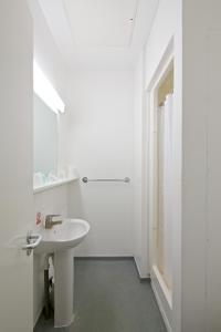La salle de bains blanche est pourvue d'un lavabo et d'une douche. dans l'établissement Beit Hall, à Londres