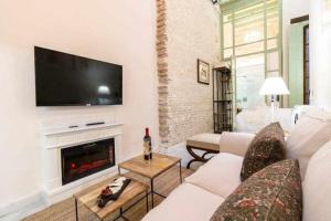 a living room with a couch and a fireplace at Judería de Sevilla I Luxury Apartments in Seville