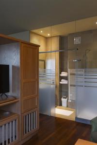 a bathroom with a glass shower and a toilet at Wellnesshotel Paradiesquelle in Puchberg am Schneeberg