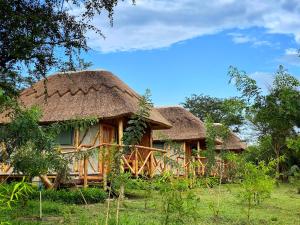 a couple of huts with thatched roofs at Murchison Falls Bamboo Village in Murchison Falls National Park