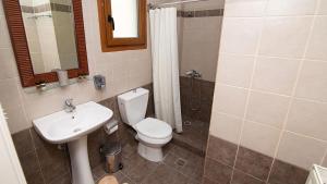 W łazience znajduje się toaleta, umywalka i lustro. w obiekcie Ξενώνας Μενελαΐς - Menelais Apartments w mieście Thrapsímion +37 zdjęć