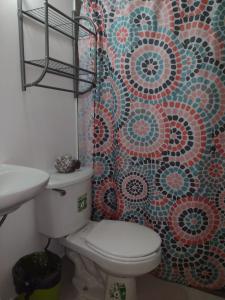 een badkamer met een toilet en een mozaïeken douchegordijn bij Piso entero, cómodo y moderno in Mexico-Stad
