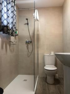 a bathroom with a shower and a toilet and a sink at RoomConcept Hostel in Santo Domingo de la Calzada