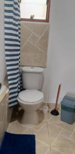 a bathroom with a toilet and a blue rug at Hospedaje Rural Casa de Felix in San Pedro de Atacama