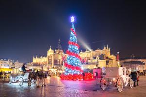 uma árvore de Natal com carruagens puxadas por cavalos à frente em Urban Nest Apartments Świętego Marka27 em Cracóvia