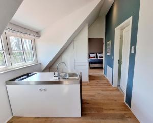 eine Küche mit einem Waschbecken und einer Treppe in der Unterkunft Thuers im Busch - Upkammer in Münster