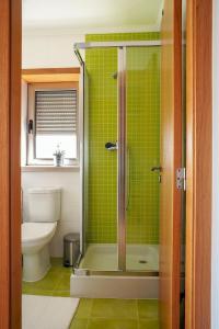 baño con ducha, aseo y azulejos verdes en Best Houses 06 - Gorgeous - Stunning Sea View, en Ferrel