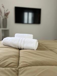 dos toallas blancas sentadas en la parte trasera de un sofá en Bonadies64 B&B, en Salerno