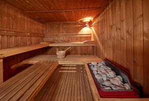 a wooden sauna with a tray of rocks in it at Park Hotel I Lecci in San Vincenzo