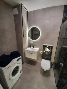 a bathroom with a washing machine and a sink at DĘBOWA KUTNO in Kutno +5 photos