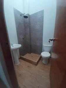 een badkamer met een douche, een toilet en een wastafel bij Hermosa Casa de Playa km 90.5 in Bujama Baja
