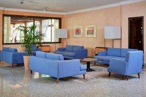 a lobby with blue couches and a potted plant at Park Hotel I Lecci in San Vincenzo