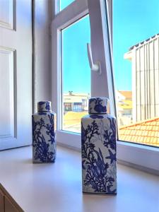 two blue and white vases sitting on a window sill at Monsenhor52 in Porto