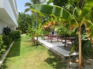 a row of benches in a garden with palm trees at Hotel DUCASSI SOL CARIBE in Punta Cana