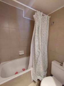 uma casa de banho com uma banheira, um WC e uma cortina de chuveiro. em Departamento central Viña del Mar em Viña del Mar