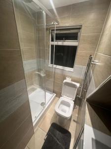 a small bathroom with a toilet and a shower at Hampden Rd N8,Studio Flat in London