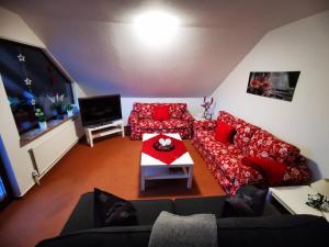 a living room with red furniture and a flat screen tv at Haus Kalli in Walkenried