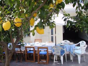 a dining table and chairs under a lemon tree at B&B Solanas in Càbras +8 photos