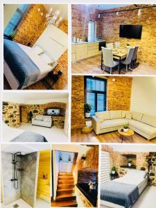 eine Collage mit Bildern eines Wohn- und eines Schlafzimmers in der Unterkunft Old Town Luxury apartment with sauna in Tartu