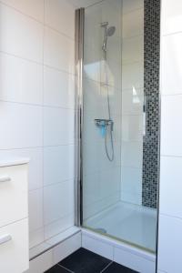 een douche met een glazen deur in de badkamer bij Woning zeldenrust 4 in Oostkapelle