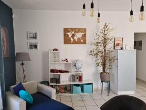 een woonkamer met een bank en een boekenplank bij Ma petite escale in Romans-sur-Isère