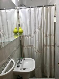 baño con lavabo y cortina de ducha en Departamento Pama en Santa Rosa de Calamuchita