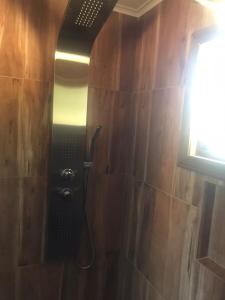 a shower with a shower head in a bathroom at Refugio Gaia in Chillán