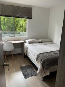 Schlafzimmer mit einem Bett, einem Schreibtisch und einem Fenster in der Unterkunft Sabaneta 22 in Sabaneta