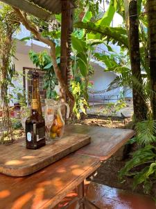 - une bouteille de bière et une corbeille de fruits sur une table en bois dans l'établissement VAGO HOSTEL, à Tingo María