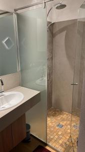 フラッハウにあるWeltcupblick Apartmentのガラスのシャワーと洗面台を備えたバスルーム